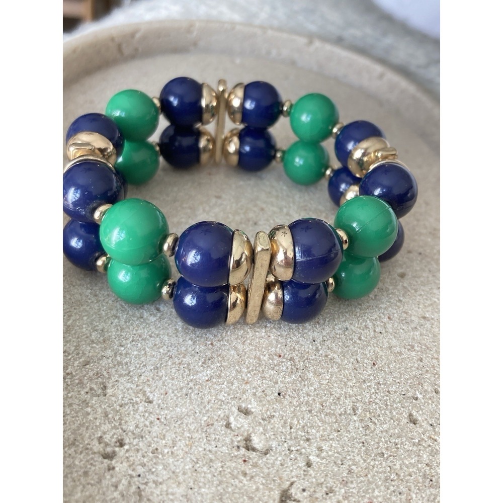 Chunky Beaded Stretch Bracelet Blue Green Gold Tone Preppy Statement Nautical‎